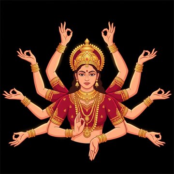 Of a multi-armed hindu goddess wearing a golden crown and jewelry, performing mudra hand gestures against a solid black background