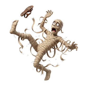 Funny cartoon mummy mid-stumble tangled in loose bandages with surprised face and flying shoe, humorous Halloween character