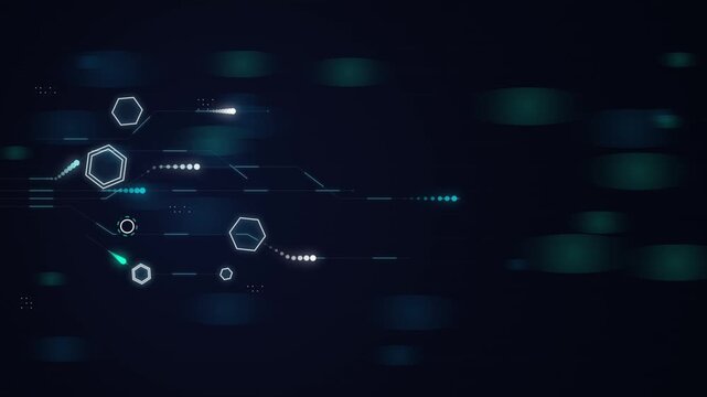Abstract technology background featuring glowing digital data circuits and geometric shapes moving across dark screen.