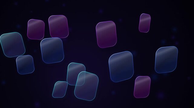 Abstract background animation of glowing glassmorphism square frames floating in dark digital space.