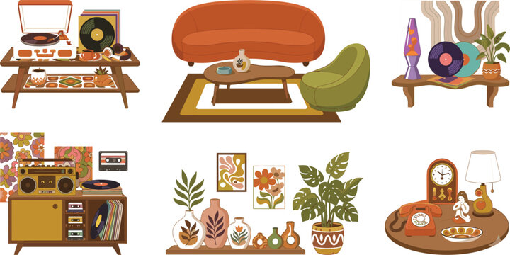 Retro living room and 1970s interior decor set featuring vintage furniture record players lava lamps house plants and bohemian accessories vector illustration