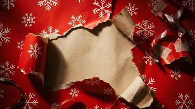 Torn red christmas wrapping paper with white snowflakes revealing a blank rustic brown paper background