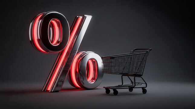 Metallic percentage symbol with red neon glow next to a shopping cart for sales and discount concepts