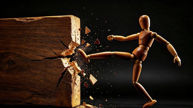 Wooden Mannequin Kicking Through Cracked Barrier &mdash; Breaking Obstacles, Courage, Determination and Resilience Concept