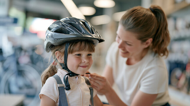 A child and parent at a sporting goods store trying on bicycle helmets together, parent checking fit and sizing carefully, retail environment, safety equipment selection,