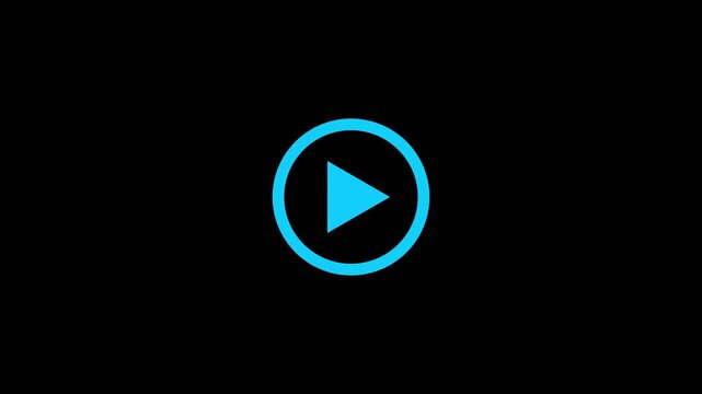Simple cyan color play button icon animation on black background. 4k video