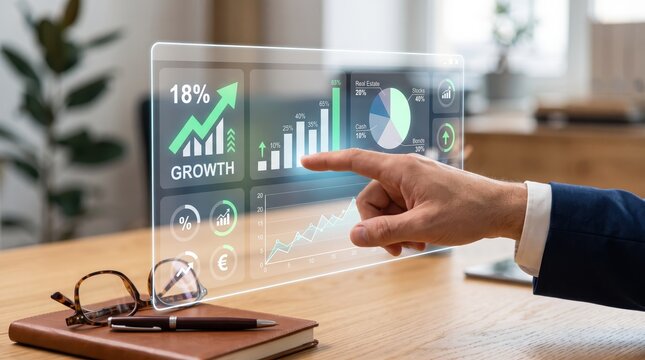 Hand pointing at futuristic growth chart hologram display, rising bar graphs and pie charts indicating financial success, investment analysis and economic trend forecasting