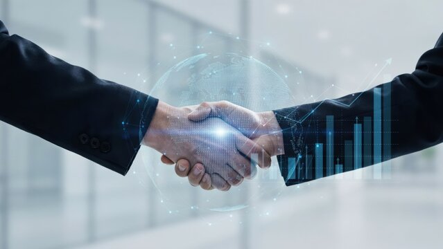Business handshake with digital globe and financial growth chart overlay