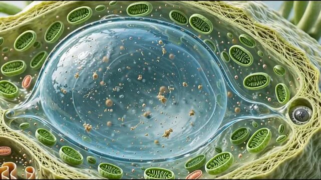 3D Motion Graphic Loop of Microscopic Plant Cell Nucleus surrounded by Chloroplasts and Organelles