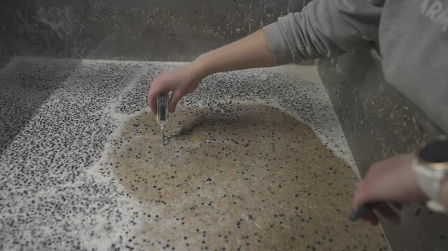 Brewer sampling bubbling grain mixture with a handheld tool during beer production in a stainless steel brewing vessel