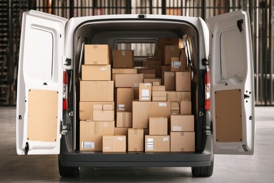 Delivery van filled with packages ready for distribution