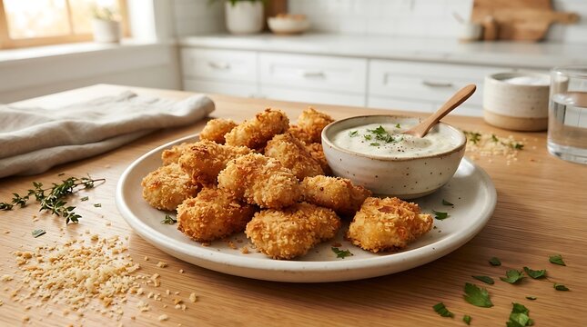 Delicious crispy falafel balls served with a creamy yogurt dipping sauce on a rustic wooden table. chicken nugget recipe