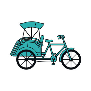 Flat vector illustration of a traditional teal blue cycle rickshaw for tourist transport and urban commuting in Southeast Asia