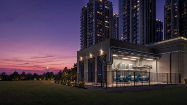 Urban water booster pump station at sunset serving residential high rise towers. Municipal water supply and utility infrastructure concept