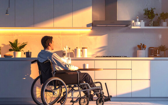 Persona discapacitada en silla de ruedas prepara caf&eacute;, toma desayuno, merienda, en una cocina accesible iluminada por la c&aacute;lida luz del atardecer. Concepto de accesibilidad, autonom&iacute;a, inclusi&oacute;n.