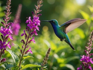 Fototapeta premium Small colorful hummingbird flies near purple flowers in summer garden. Tiny bird hovers mid air to drink nectar from blossom. Wildlife nature scene shows iridescent feathers, bright flora in sunlit