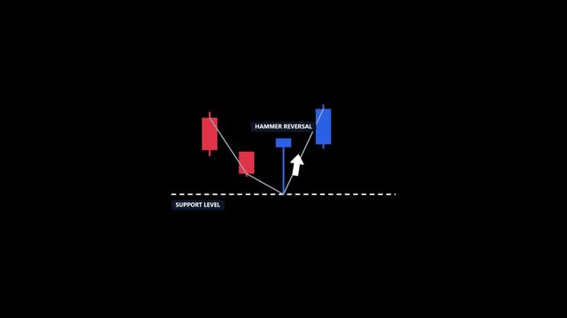 Hammer reversal candlestick pattern at support level in stock market chart