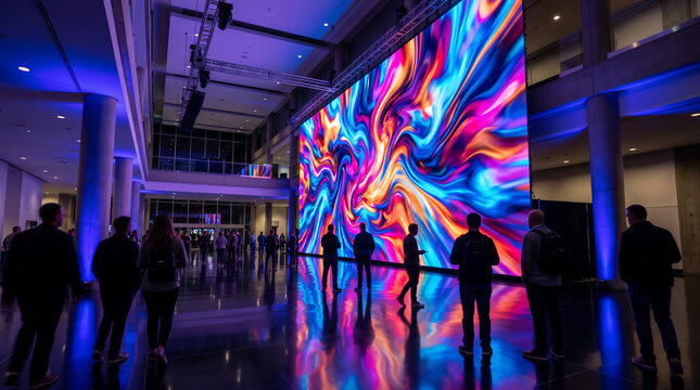 People viewing large digital screen display in modern lobby
