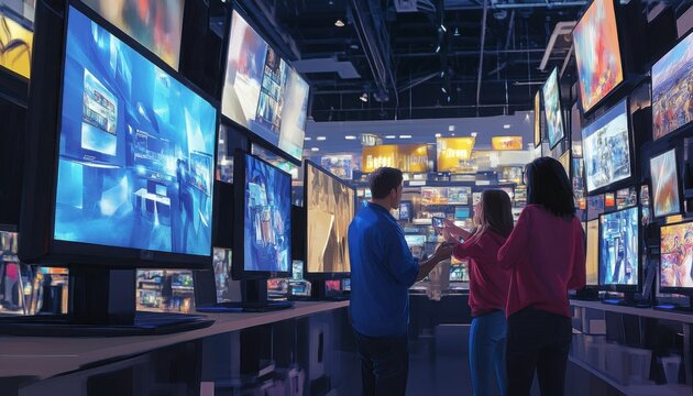 People Exploring Colorful Large Screens in a Modern Electronics Store