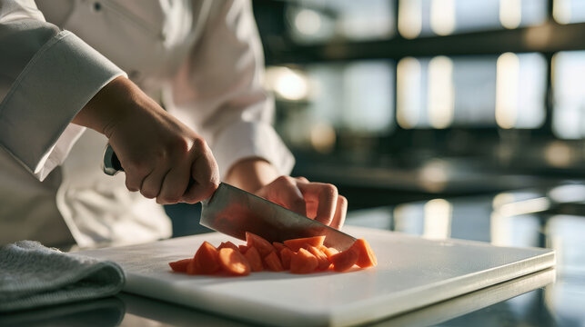 Culinary student practicing precise julienne cuts on orange carrot with forged chef knife beside cutting board in bright cooking school kitchen