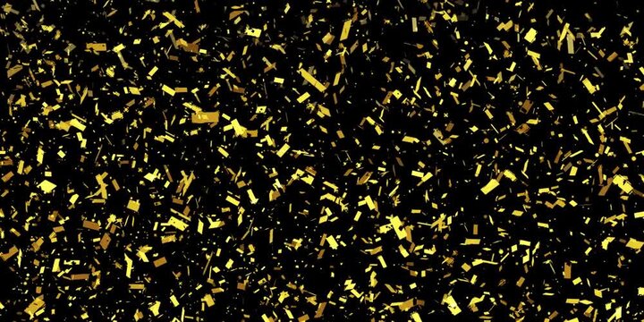Golden confetti flying in super slow motion against a black background. Shiny metallic particles drifting and falling in the air, creating elegant festive atmosphere with dramatic lighting.