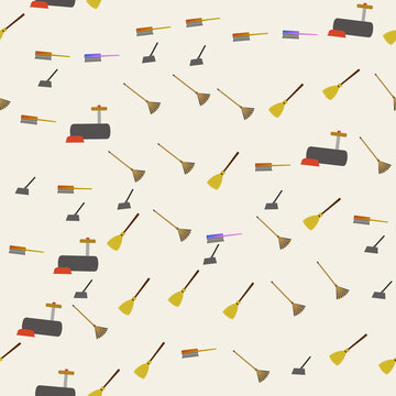 Seamless pattern of cleaning tools and cash registers
