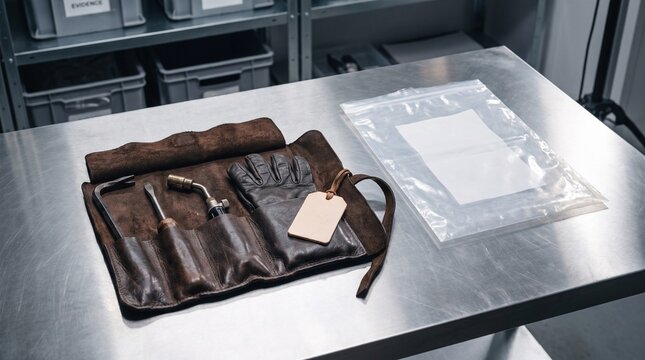 Leather Tool Roll With Blank Tag And Empty Evidence Bag On Steel Table