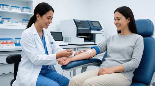 Female phlebotomist draws blood from smiling woman patient in modern medical lab. Medical pro uses needle, tube for diagnostic test. Healthy adult female on routine blood sample collection for health