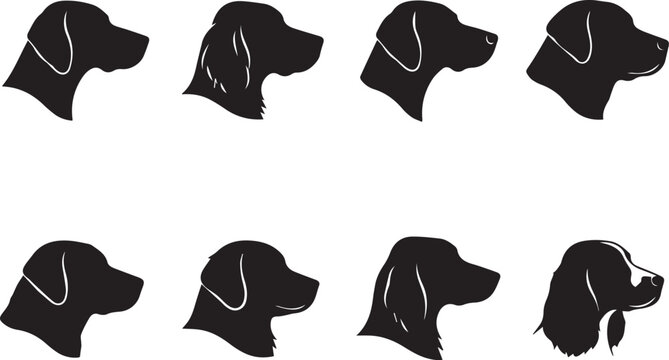 Hunting and Sporting Dog Head Silhouettes Set Featuring Pointer Retriever and Setter Breeds Collection Vector