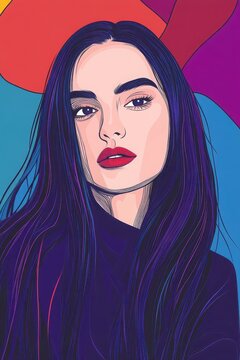 Pixelated Portrait of a Woman with Long Dark Hair and Red Lips Against a Colorful Geometric Background