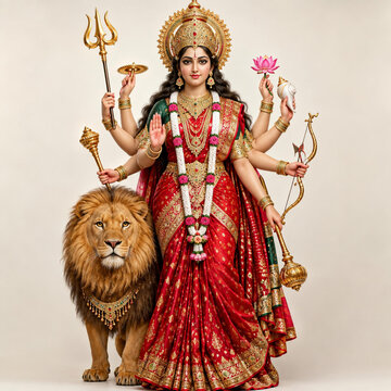 Hindu Goddess Durga Standing with Lion, Multiple Arms, Trident and Lotus in Traditional Attire