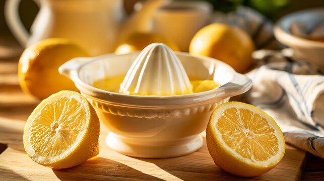 Freshly Squeezed Citrus Lemon Juice Preparation with Manual Juicer.