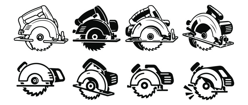 Circular saw icons set featuring multiple views of power construction tools construction equipment saw blades industrial tools vector icons saw design wood cutter tool set