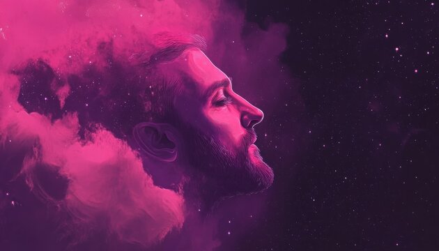 Profile Of A Man With Facial Hair Emerging From A Pink And Purple Cosmic Nebula