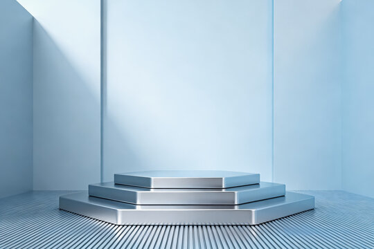 A clean 3D rendered empty three-tiered metallic hexagonal podium for product display in a minimalist space.