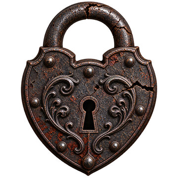 Antique Gothic Heart Shaped Padlock with Ornate Metal Detail Isolated on Transparent Background