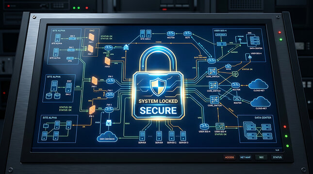 Digital network security dashboard with a large central padlock icon displayed on a dark computer monitor