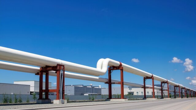 Elevated insulated pipeline on red steel supports in an industrial zone. District heating and thermal utility distribution system with expansion loop