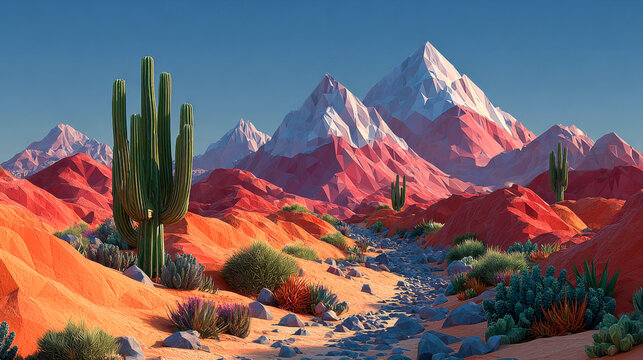 Abstract low poly desert landscape background with cactus and geometric mountains, warm cinematic colors and depth, ideal for branding, technology, presentations and creative videos