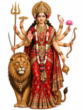 Hindu Goddess Durga with Lion, Multiple Arms, Trident and Lotus in Traditional Red Sari on White Background