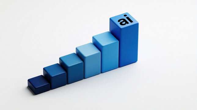 Blue 3d bar chart shows rapid exponential growth. Last block features ai text symbol. Digital business graph represents artificial intelligence progress, tech innovation. Modern infographic