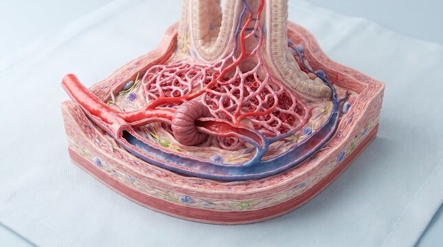 3D illustration of kidney glomerulus cross section showing renal corpuscle and capillary network