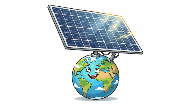 A cartoon planet Earth smiling happily while supporting a large solar panel generating bright electrical energy for a green future