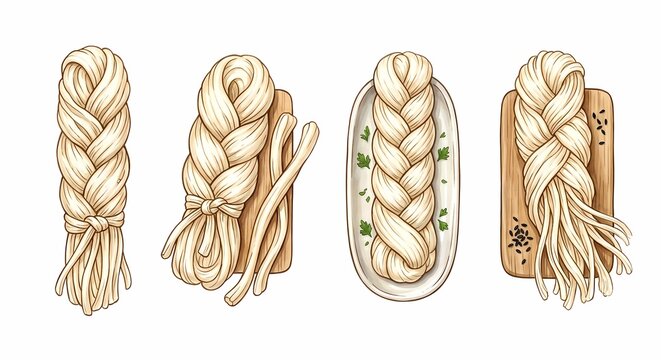 A detailed drawing displaying four braided string cheese bundles served on wooden boards and a platter with herbs and seeds