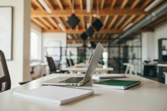 Open laptop and notebooks on a desk in a modern office
