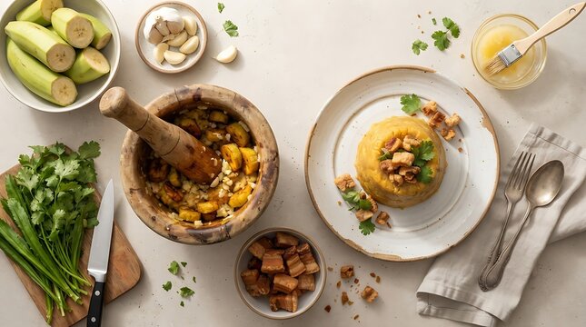 Top view of traditional mortar and pestle with fresh ingredients and a prepared meal on a table. Mofongo recipe