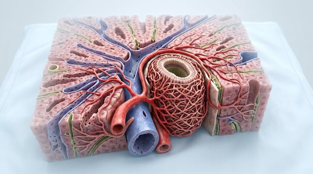 3D structural anatomy of a liver lobule showing central vein and hepatocytes