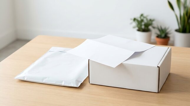 Blank white corrugated cardboard shipping box and padded poly mailer envelope on wooden table, minimalist ecommerce packaging mockup with interior plants background for branding and logistics