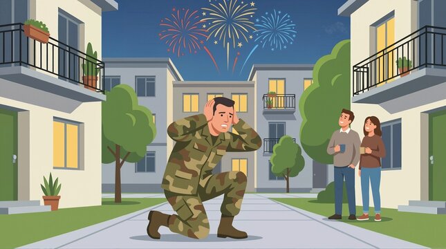 Military soldier crouching outdoors during neighborhood fireworks. Sound trigger and combat reflex in residential area. Post traumatic stress disorder awareness