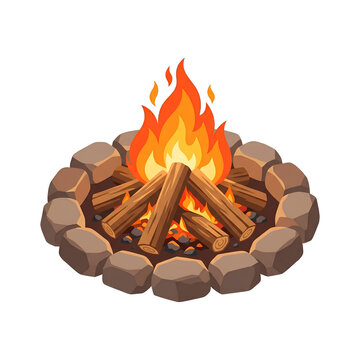 Isometric Campfire Vector Illustration with Burning Wood Logs and Stone